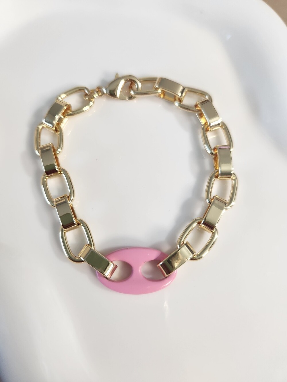 14k Gold Plated Chunky Paperclip Pink Link Bracelet - Picture 4 of 4